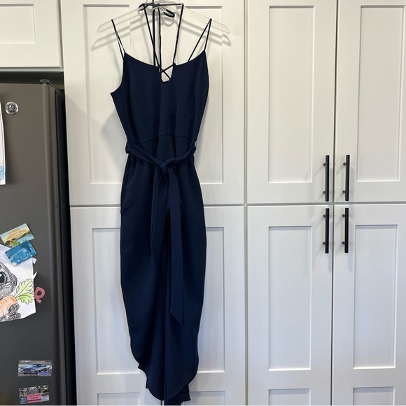 Karen Millen Navy Structured Strapy Halter Tapered Leg Jumpsuit Romper Size 4 - Picture 6 of 14